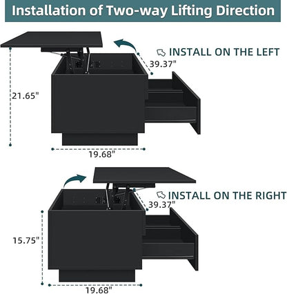 HOMMPA 40'' Lift Top Coffee Table, Black Coffee Tables with Storage for Living Room, LED Modern Coffee Table, Flip Top Center Table with 2 Drawers & Hidden Compartment, Lift Up Wooden Coffee Table