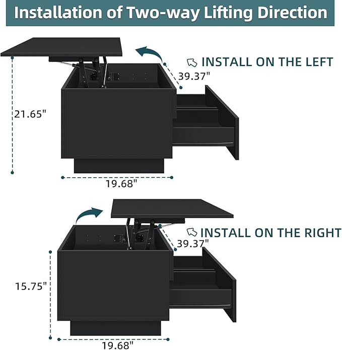 HOMMPA 40'' Lift Top Coffee Table, Black Coffee Tables with Storage for Living Room, LED Modern Coffee Table, Flip Top Center Table with 2 Drawers & Hidden Compartment, Lift Up Wooden Coffee Table