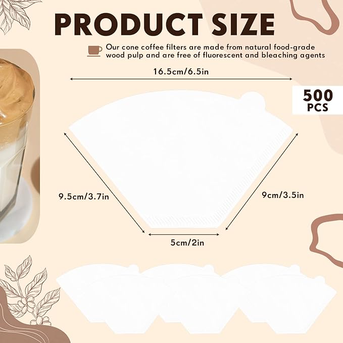 Skylety 500 Count #2 Cone Coffee Filter, Coffee Filters 2 Cone Pour Over Filters Natural Paper Unbleached Disposable Coffee Filters for Coffee Dripper and Drip Coffee Maker