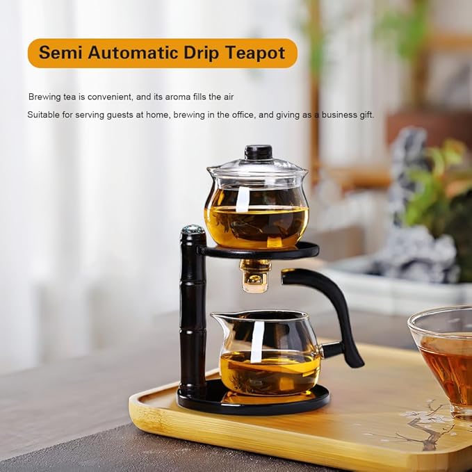 Kungfu Magnetic Teapot Glass Magic Tea Set Semi-Automatic Water Guide Magnetic Teapot with Infuser Heat-Resistant Glass Magic Tea Pot Perfect Holiday Gifts (Black)