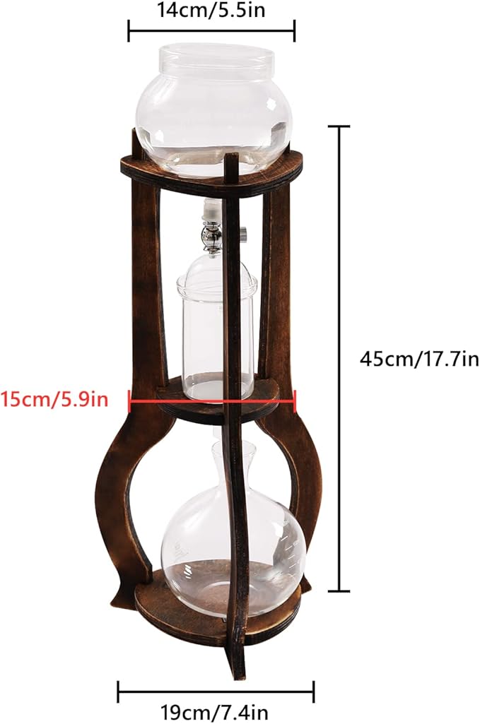 Cold Brew Drip Coffee Maker, 600ml/20.29 Ice Coffee Brewer Machine Cold-Drip Coffee Tower with Glass Container Wood Stand for Home Office