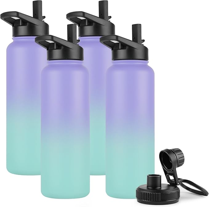 DOMICARE 40 oz Insulated Water Bottle Bulk, Vacuum Insulated Stainless Steel Sports Water Bottle with Straw Lid & Spout Lid, Leakproof, Reusable - Travel, Camping, Bike, Purple Green Gradient(4 Pack)