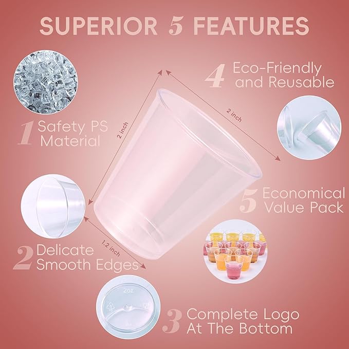 JOLLY CHEF 500 Clear Plastic Shot Glasses, 2 oz, Disposable, Ideal for Parties, Weddings, Holidays, Picnics, Events, Wine Tasting