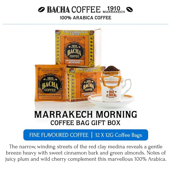 Bacha Coffee | Marrakech Morning Fine Flavoured, 100% Arabica Specialty Coffee Beans, Medium Roast, x12 Individually Wrapped Single Serve Filter Bags
