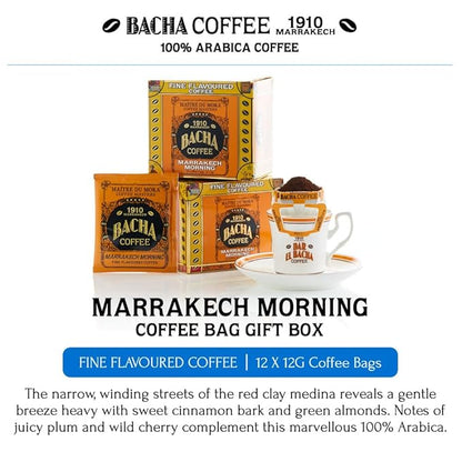 Bacha Coffee | Marrakech Morning Fine Flavoured, 100% Arabica Specialty Coffee Beans, Medium Roast, x12 Individually Wrapped Single Serve Filter Bags