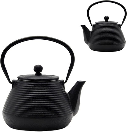 20.3oz Small Cast Iron Teapot, SECHUDO Cast Iron Tea Kettle for Stovetop Safe Coated with Enameled Interior, Cast Iron Tea Pot with Stainless Steel Infuser for Loose Tea (Black Pinstripe Pattern)