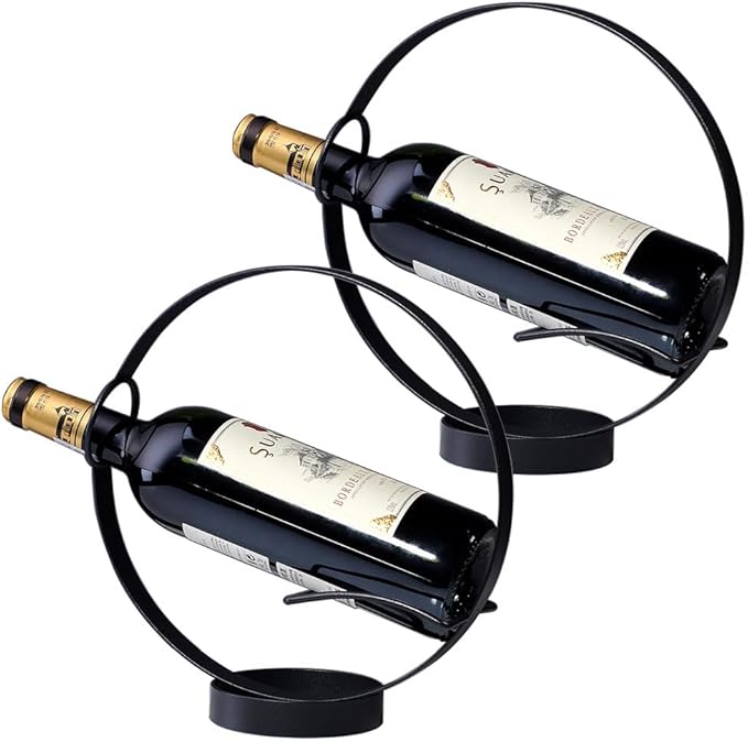 Metal Single Tabletop Wine Rack – Freestanding Countertop Decorative Wine Bottle Holder, Unique Wine Gifts and Accessories for Wine Lovers (2PCS Black)