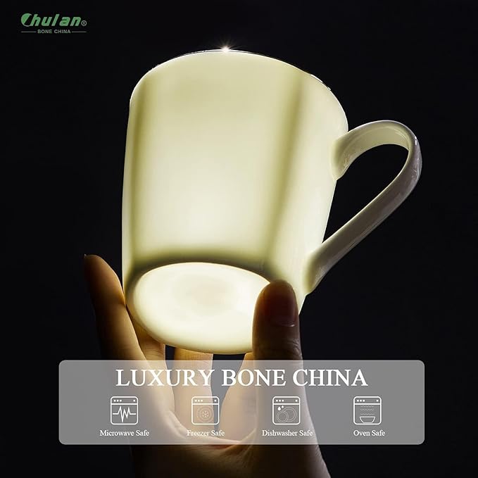 Bone China Coffee Mugs, 10oz Espresso Cups Set of 4, Lightweight Ceramic Coffee Mugs, Porcelain White Tea Cups, Latte Mugs for Women Men Moonlight, Gold Trim