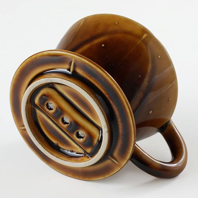 Asayu Japan Ceramic Coffee Pour Over Maker Set in Caramel, Slow Brewing Paper Filter Holder and Dripper with 3 Holes for Coffee and Tea - Coffee Dripper Cone