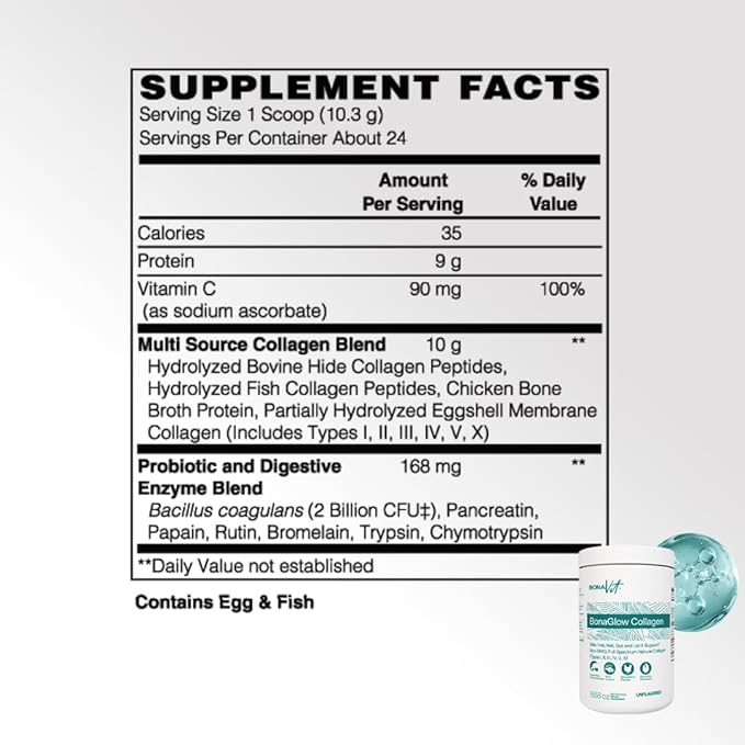 BonaGlow - Hydrolyzed Collagen Types I, II, III, IV, V, X - Premium Blend - 24 Servings - with Vitamin C, Digestive Enzymes - Sugar-Free, Non-GMO, Paleo-Friendly - Skin, Hair, Nails.