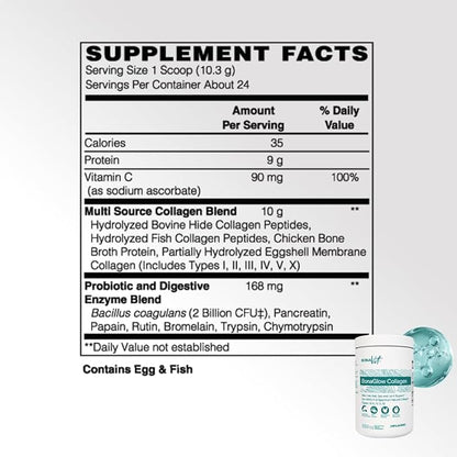 BonaGlow - Hydrolyzed Collagen Types I, II, III, IV, V, X - Premium Blend - 24 Servings - with Vitamin C, Digestive Enzymes - Sugar-Free, Non-GMO, Paleo-Friendly - Skin, Hair, Nails.