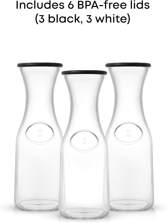 JoyJolt Glass Carafe with Lid, Set of 3 – 1 Liter Glass Pitcher for Mimosa Bar, Water, Iced Tea, Juice, Wine, Lemonade, Milk – Dishwasher Safe Beverage Drink Dispensers for Brunch, Parties