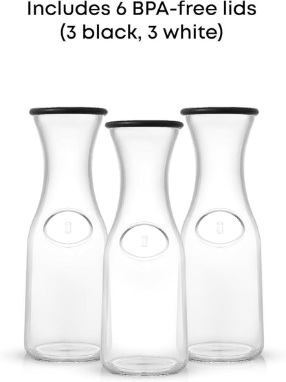 JoyJolt Glass Carafe with Lid, Set of 3 – 1 Liter Glass Pitcher for Mimosa Bar, Water, Iced Tea, Juice, Wine, Lemonade, Milk – Dishwasher Safe Beverage Drink Dispensers for Brunch, Parties