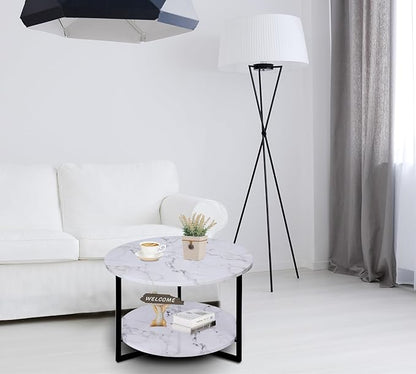 Modern Coffee Table,Faux Marble Tables,Small Round Coffee Tables with Shelf, Marble Coffee Table,Circle Center Table Low Coffee & Tea Table for Living Room Modern