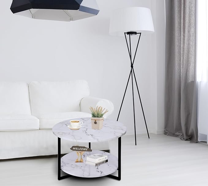 Modern Coffee Table,Faux Marble Tables,Small Round Coffee Tables with Shelf, Marble Coffee Table,Circle Center Table Low Coffee & Tea Table for Living Room Modern