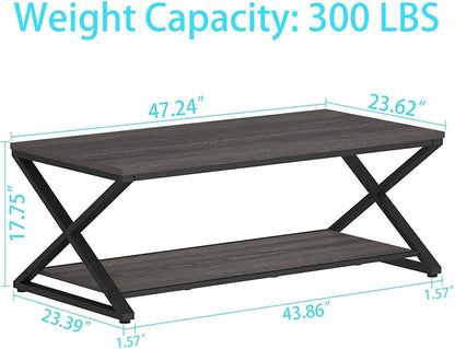 HSH Gray Coffee Table for Living Room, Minimalist Rectangle Center Table with Storage Shelf，Industrial Dark Wood and Metal Cocktail Tea Table, Office Simple 2 Tier Display Coffee Table, 47 Inch