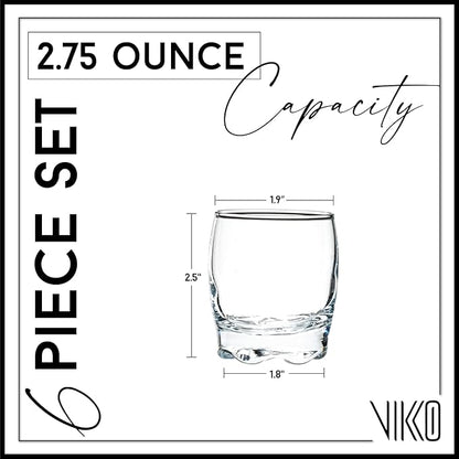 Vikko 2.75 Ounce Shot Glasses, Set of 6 Small Liquor and Spirit Glasses, Durable Tequila Bar Glasses For Alcohol and Espresso Shots, 6 Piece Shooter Glass Set