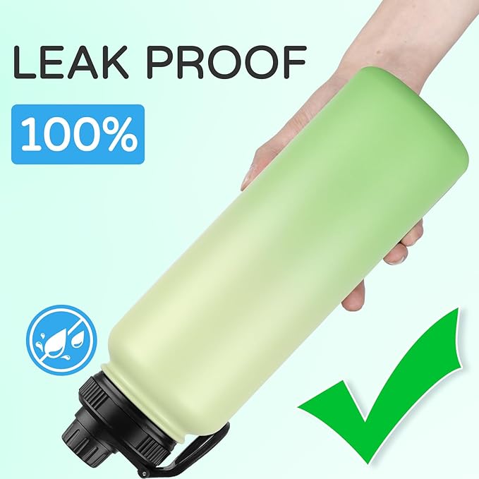 DOMICARE 40 oz Insulated Water Bottle, Vacuum Insulated Stainless Steel Sports Water Bottle with Straw Lid & Spout Lid, Leakproof, Reusable - Travel, Camping, Bike, Green Gradient