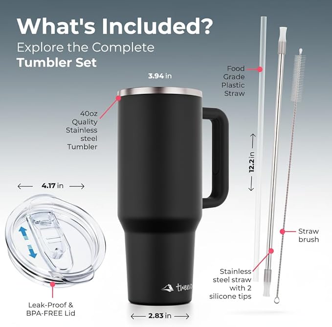 40 oz Tumbler With Handle and Straw Made of Stainless Steel - Double Wall Vacuum Insulated Tumbler With Lid - Sweat Proof Easy Grip, BPA-Free, Dishwasher Safe Tumbler (Black)