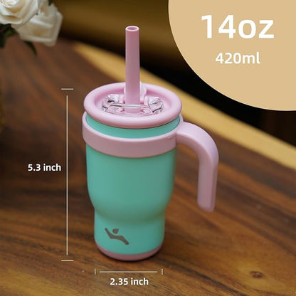 14 oz Tumbler with Side Handle, Insulated Water Bottle with Straw and 2 in 1 Lid, Stainless Steel Cup Travel Coffee Mug for Sports Office Gym,Cream