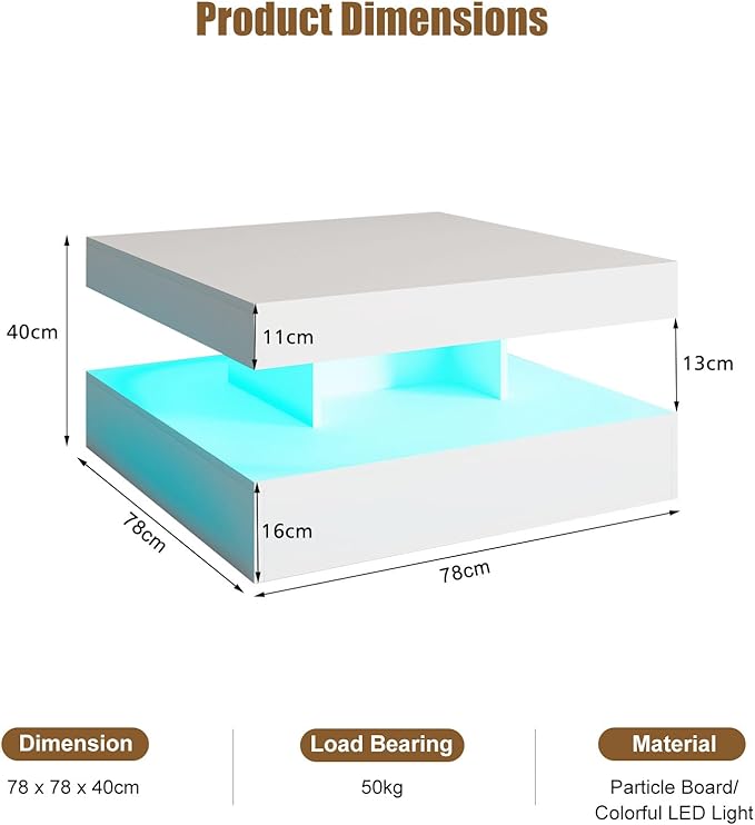 White LED Coffee Table for Living Room, Living Room Table 2-Tier Square Middle Center Table, Modern Coffee Tables with Storage, Wood Tea Tables for Dining Reception, Skin Feeling