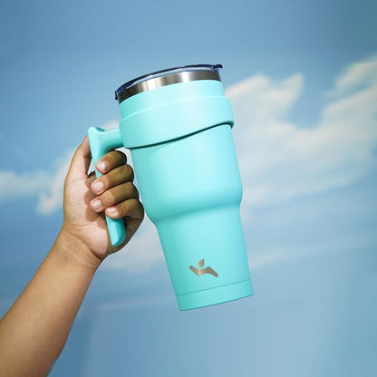 30 oz Tumbler with Handle and 2 Straw 2 Lid, Insulated Water Bottle Stainless Steel Vacuum Cup Reusable Travel Mug,Turquoise