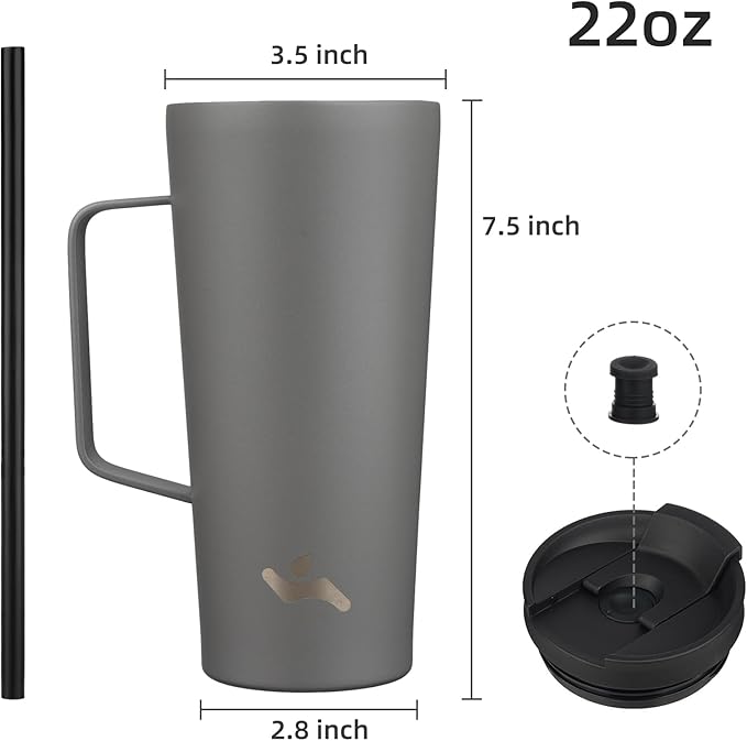 Insulated Tumbler with Handle and Straw, 22 OZ Travel Coffee Mug Stainless Steel Cup Metal Water Bottle,Grey