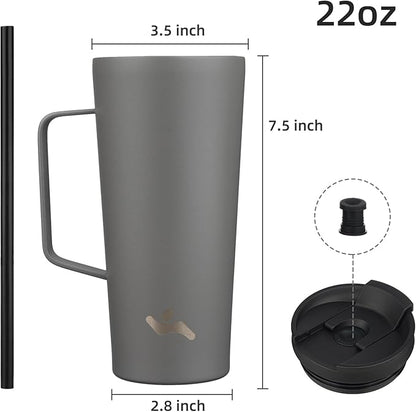 Insulated Tumbler with Handle and Straw, 22 OZ Travel Coffee Mug Stainless Steel Cup Metal Water Bottle,Grey