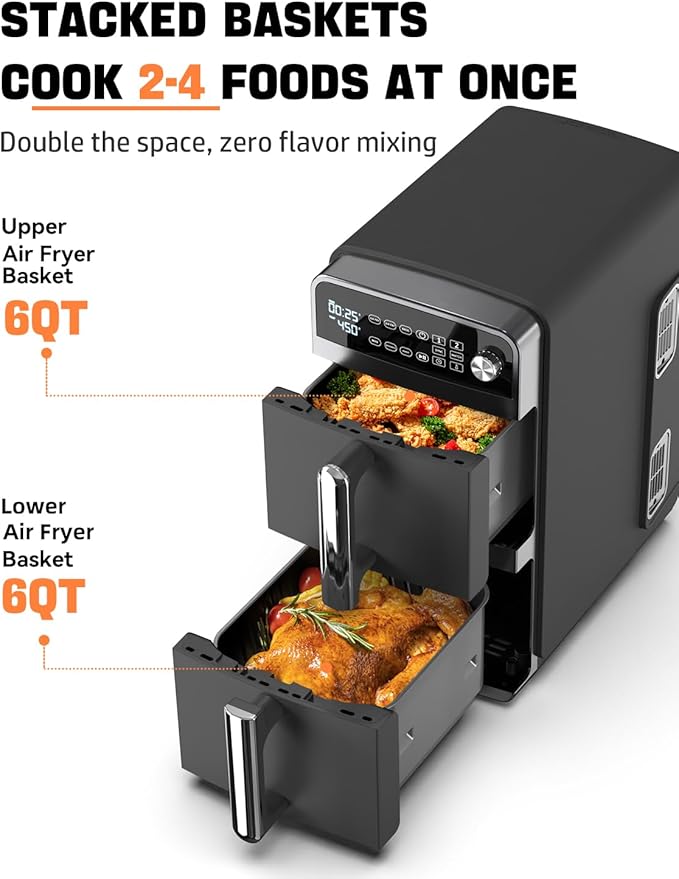 12QT Dual Layer Air Fryer Oven, 6QT×2 Capacity, Vertical 2-Basket Design, 7-in-1 Function with Broil, Roast, Bake, Reheat, Dehydrate, and Air Fry, Family Size, BPA-Free