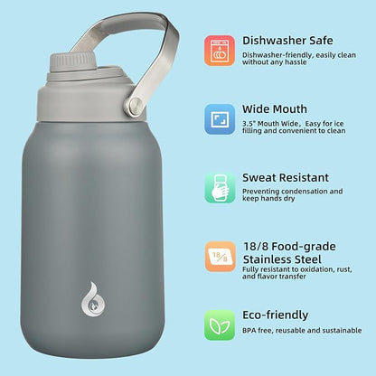BJPKPK Half Gallon Insulated Water Bottles, 64oz Water Jug with Metal Handle & BPA Free Spout Lid, Dishwasher Safe Thermo, Large Stainless Steel Gym Sport Jugs, Grey