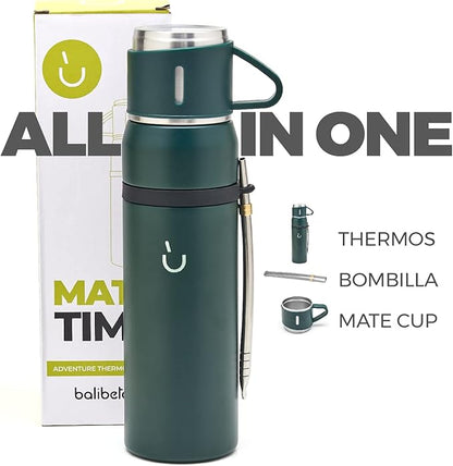 BALIBETOV Camping Thermal Flask for Mate - Vacuum Insulated With Double Stainless Steel Wall- A Mate Thermal FLask Specially Designed as Mate Argentino Kit that includes Bombilla and Mate Cup (Green)