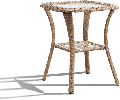 Patio Wicker Side Table, Outdoor PE Rattan End Table with 5mm Tempered Glass Top and 2-Tier Storage Shelf, 20" Square Coffee Table for Deck Porch Garden Backyard-Yellow