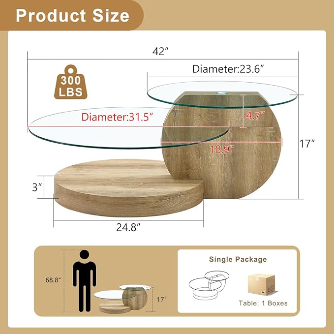 42 Inch Glass Coffee Table，Round Coffee Table with 2-Tier Tempered Glass Tabletop，Easy to Clean Circle Coffee Table with Sturdy Base for Living Room，Office (Natural Wood-Colored Base)