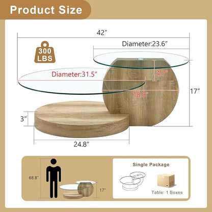 42 Inch Glass Coffee Table，Round Coffee Table with 2-Tier Tempered Glass Tabletop，Easy to Clean Circle Coffee Table with Sturdy Base for Living Room，Office (Natural Wood-Colored Base)