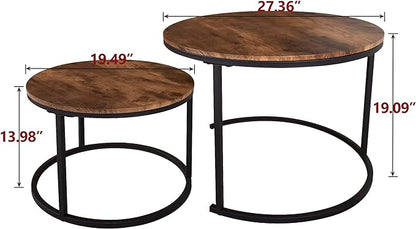 Industrial Round Coffee Table Set of 2 End Table for Living Room,Stacking Side Tables, Sturdy and Easy Assembly,Wood Look Accent Furniture with Metal Frame,Black+Rustic Brown