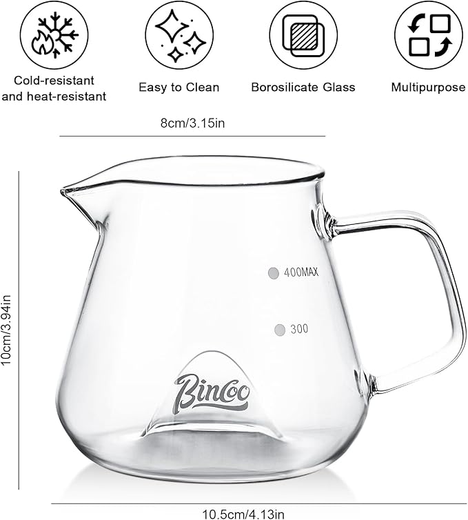 Bincoo Glass Coffee Server 400ml,Heat-Resistant Borosilicate Glass Coffee Carafe with Drip-Free Spout Clear Pitcher for Hot & Cold Beverages,Easy to Clean,Dishwasher Safe(Transparent)