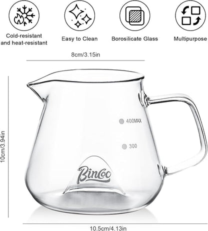 Bincoo Glass Coffee Server 400ml,Heat-Resistant Borosilicate Glass Coffee Carafe with Drip-Free Spout Clear Pitcher for Hot & Cold Beverages,Easy to Clean,Dishwasher Safe(Transparent)