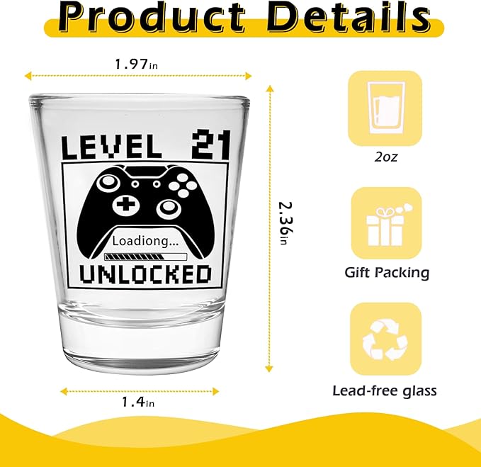 21st Birthday Gifts for Him or Her – Level 21 Unlocked Shot Glass with Black Gift Box, Funny 21st Birthday Present for Men Women Friends, Turning 21 Celebration Gift for Gamer-Themed Parties