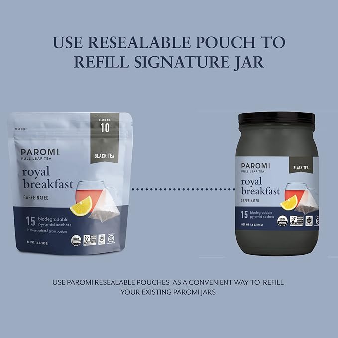 Paromi Royal Breakfast Organic Black Tea, Signature Jar, 15 Count (Pack of 6)