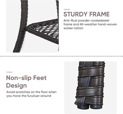 Patio Wicker Side Table, Outdoor PE Rattan End Table with 5mm Tempered Glass Top and 2-Tier Storage Shelf, 20" Square Coffee Table for Deck Porch Garden Backyard-Dark Brown