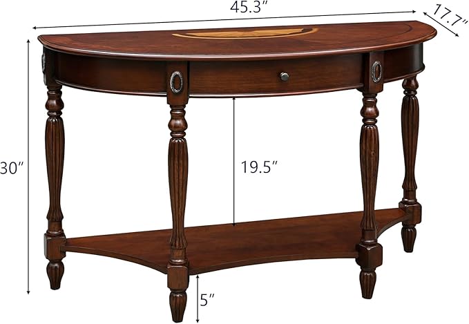 Solid Wood Oval Console Table with Drawer and Storage Shelf, Traditional Vintage Semi-Circle Entryway Table Polished Edging Half-Moon Narrow Table for Living Room Hallway Home, Cherry Walnut