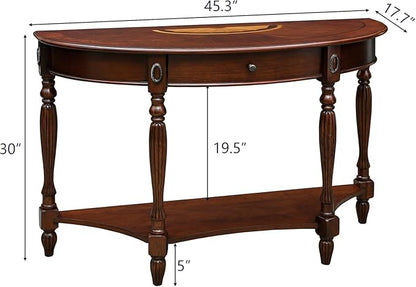 Solid Wood Oval Console Table with Drawer and Storage Shelf, Traditional Vintage Semi-Circle Entryway Table Polished Edging Half-Moon Narrow Table for Living Room Hallway Home, Cherry Walnut