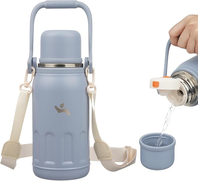 Insulated Water Bottle with Handle and Strap,Vacuum Travel Tumbler with Cup Lid,Thermo Coffee Cup for Hot Cold Drinks 27 OZ,Blue Haze