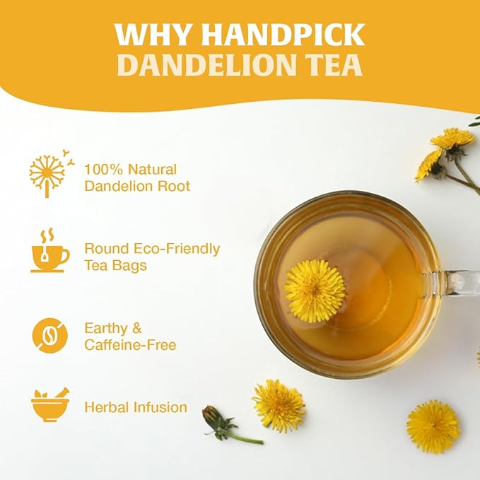 HANDPICK - Dandelion Root Tea bags, 100 Teabags - Natural Dandelion Herbal Tea for Liver & Kidney Health - Non-GMO - Caffeine-free - Support Digestion & Boost Immune System