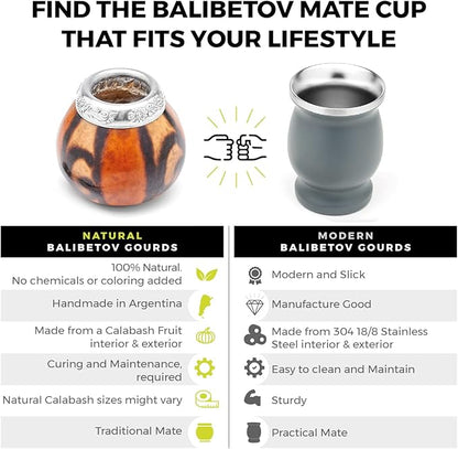 BALIBETOV Yerba Mate Gourd Set (Original Natural Handmade Yerba Mate Cup Argentina) - Includes Mate Tea Cup, Bombilla (Mate Straw) and Clean Brush - Classic Mate Cup and Bombilla Set (NATURAL 02)