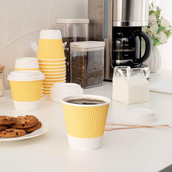 Restaurantware 8 Ounce Double Wall Disposable Coffee Cups, 500 Insulated Light Yellow Paper Tumblers with Ripple Wall Design, Lids Sold Separately for Hot Drinks like Tea, Coffee and More