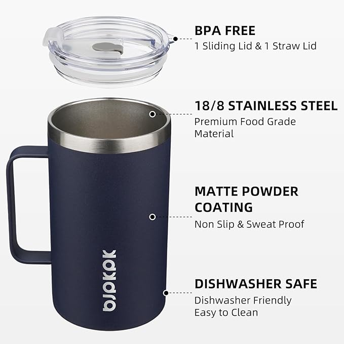 BJPKPK Insulated Coffee Mug with 2 Lids, 25oz Stainless Steel Insulated Tumbler with Handle, Double Wall Vacuum Coffee Cups, BPA Free Travel Mug for Coffee, Tea and Drinks, Navy Blue