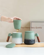 Load image into Gallery viewer, ZENS Tea Mug with Infuser and Lid for Loose Leaf Steeper, 16.9 oz Embossed Ceramic Tea Cup with Fine Tea Strainers, Wood Handle Large Tea Diffusers Mugs for Tea Lovers Gifts