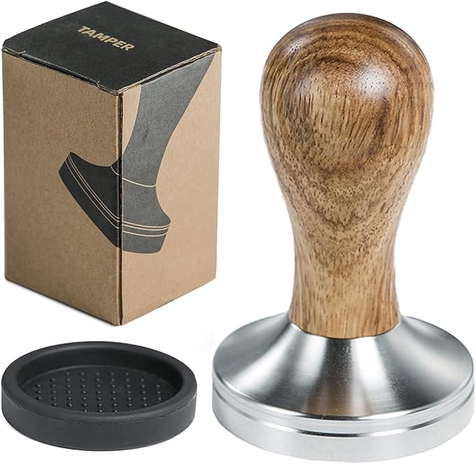 58mm Coffee Tamper Espresso Press with Tamper Mat Tamper with 304 Stainless Steel Base Wooden Handle Barista Espresso Machines Accessory (58mm)