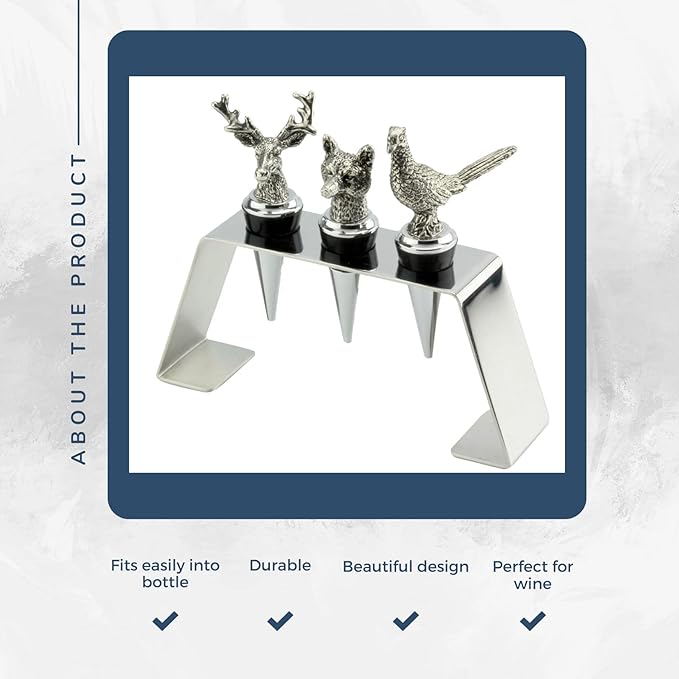 Regent Stainless Steel 3-Piece Animal Stoppers Set (Trapezium Holder) Classic Design 3 Piece Wine Stopper Set, Bottle Stoppers with stand - Set of 3